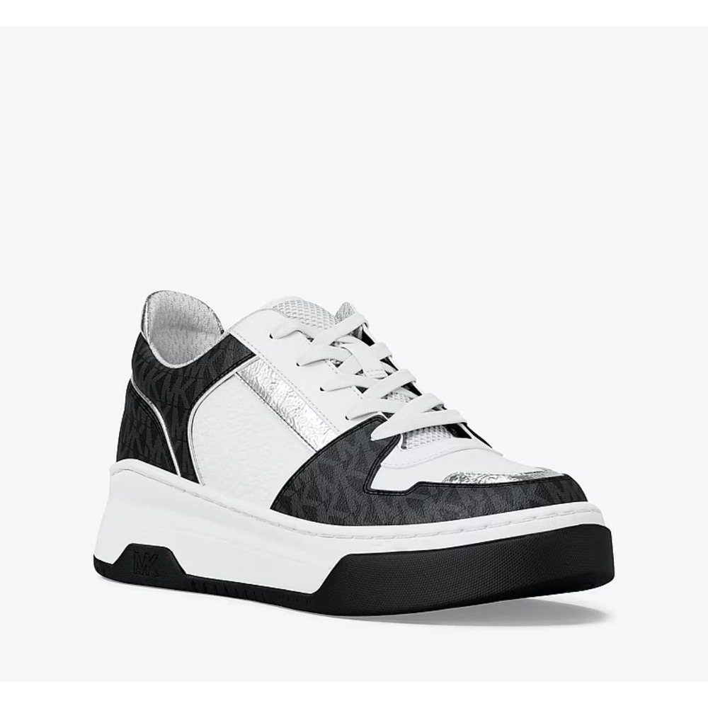 Michael Kors Lexi Women's 10 M Black Sneaker Mixed-Media MK Monogram New In Box - Picture 3 of 10